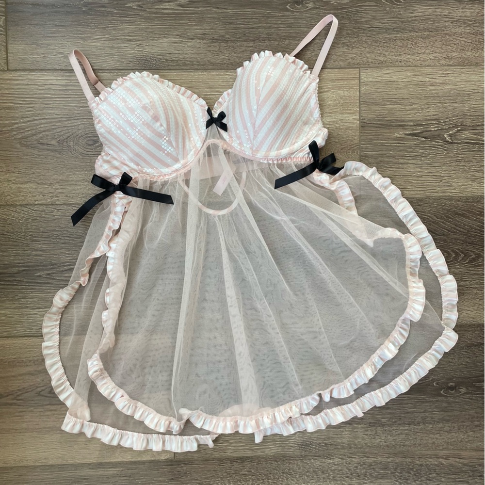 Victoria’s Secret Pink and White Striped Babydoll Bombshell Lingerie 36C